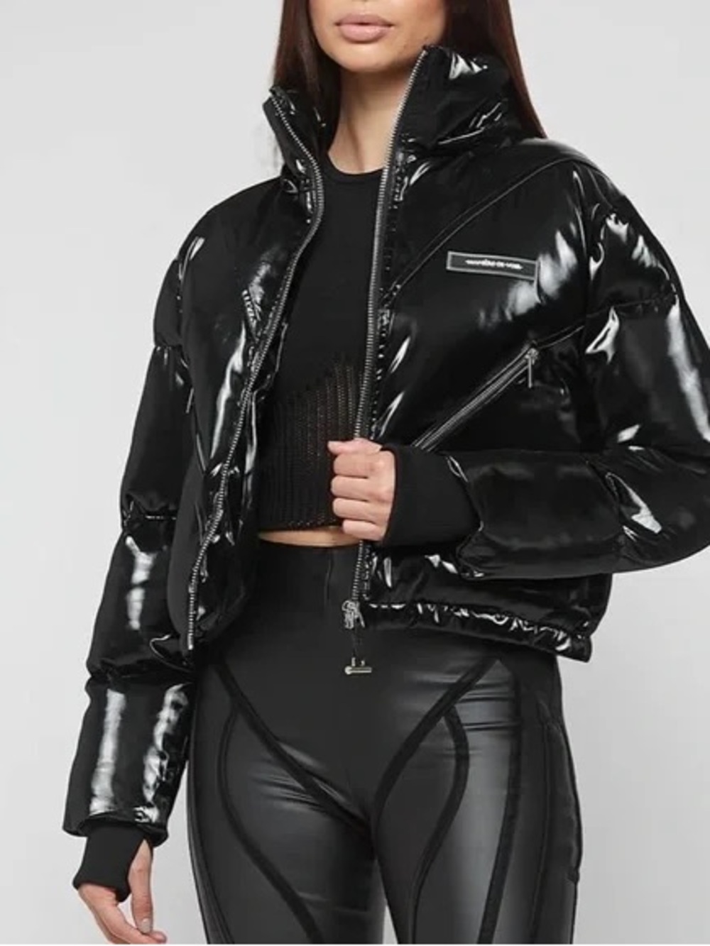 Manière De Voir Black Shiny Cropped Bomber Jacket